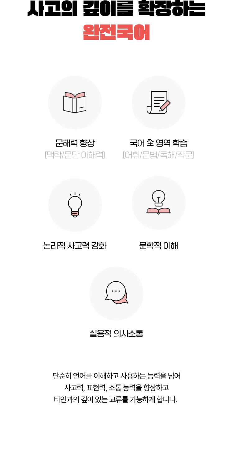 사고의 깊이를 확장하는 완전국어 - 단순히 언어를 이해하고 사용하는 능력을 넘어 사고력, 표현력, 소통 능력을 향상하고 타인과의 깊이 있는 교류를 가능하게 합니다.