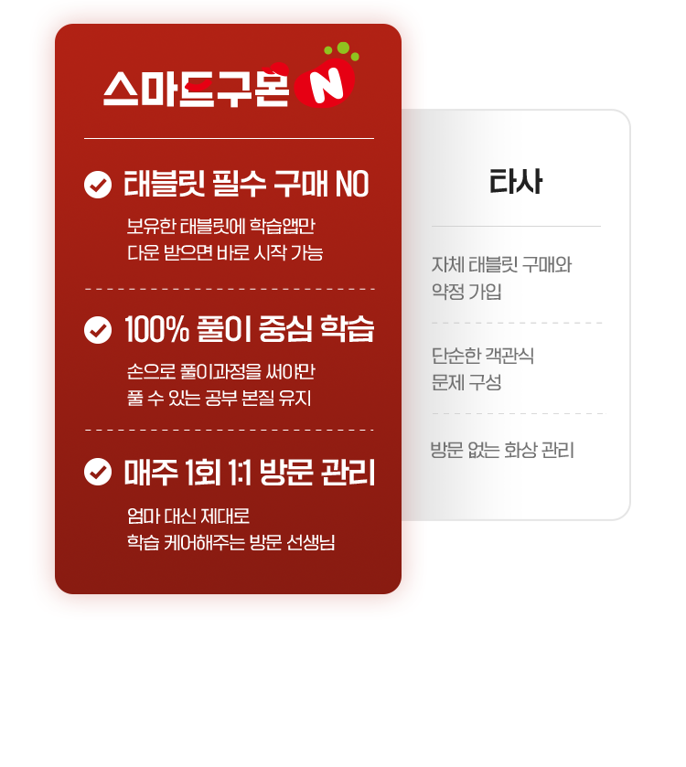 태블릿 필수 구매NO, 100% 풀이 중심 학습, 매주 1회 1:1 방문 관리