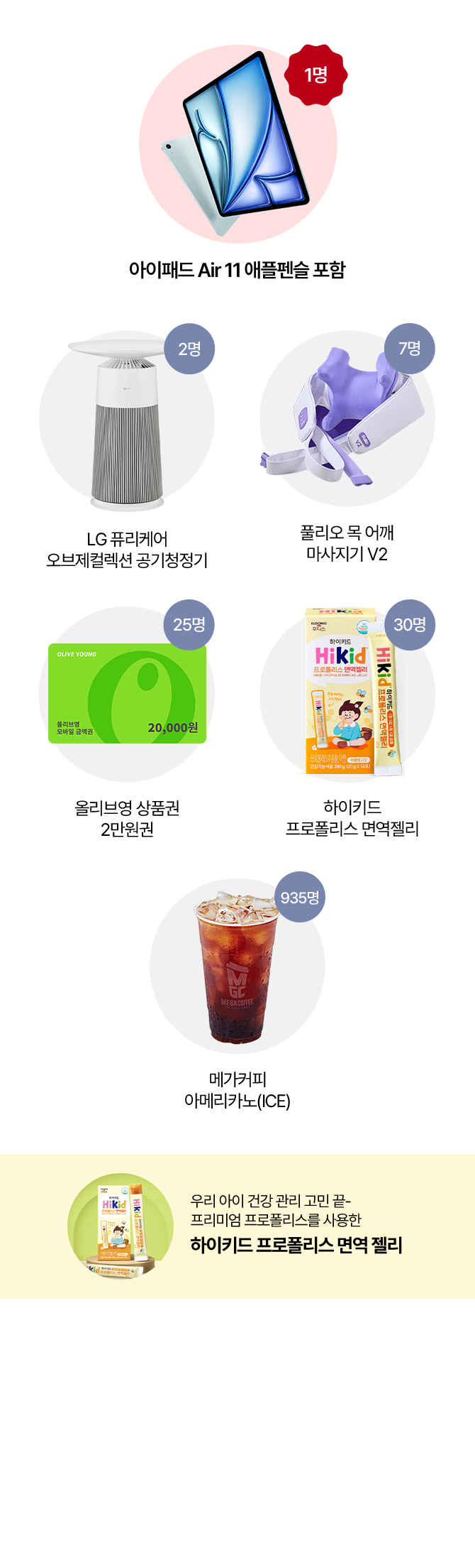 아이패드 Air 11(애플펜슬 포함) 1명/LG 퓨리케어 오브제컬렉션 공기청정기 2명/풀리오 목 어깨 마사지기 V2 7명/올리브영 상품권 2만원권 25명/하이키드 프로폴리스 면역젤리 30명/메가커피 아메리카노(ICE) 935명
					이벤트 대상   |   기간 내 구몬학습 상담신청 고객 中 1,000명 추첨
					이벤트 기간   |   2025년 8월 1일 ~ 9월 30일
					상담신청하고 경품 응모하기