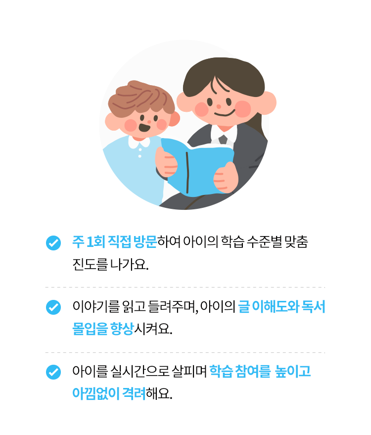 주 1회 직접 방문하여 아이의 학습 수준별 맞춤 진도를 나가요. 이야기를 읽고 들려주며, 아이의 글 이해도와 독서 몰입을 향상시켜요. 아이를 실시간으로 살피며 학습 참여를 높이고 아낌없이 격려해요.