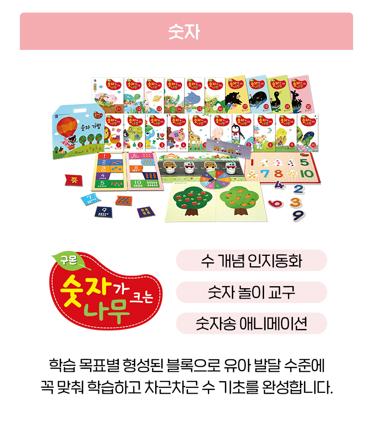 [숫자]숫자가크는나무 - 학습 목표별 형성된 블록으로 유아 발달 수준에  꼭 맞춰 학습하고 차근차근 수 기초를 완성합니다.