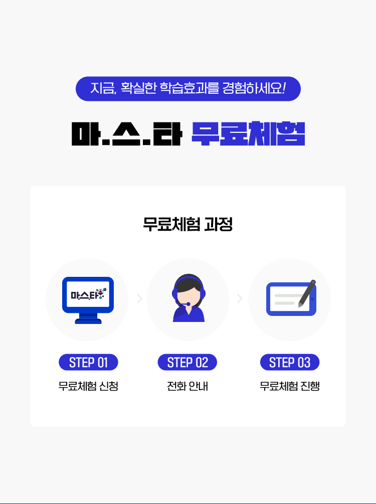 마스타 무료체험 : step1. 무료체험 신청 step2. 전화 안내 step3. 무료체험 진행