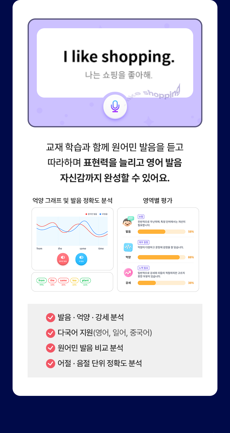 교재 학습과 함께 원어민 발음을 듣고 따라하며 표현력을 늘리고 영어 발음 자신감까지 완성할 수 있어요.