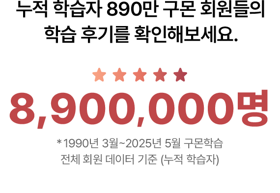 누적 학습자 890만 구몬 회원들의 학습 후기를 확인해보세요.