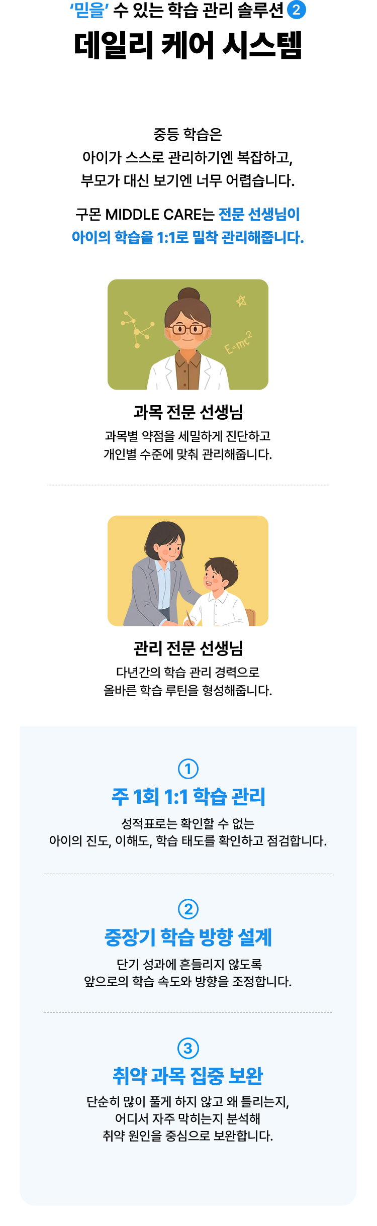 믿을 수 있는 학습 관리 솔루션 2. 전문 선생님의 1:1 관리