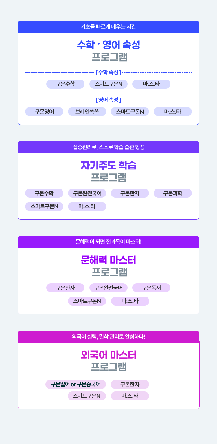 수학 영어 속성 프로그램/자기주도 학습 프로그램/문해력 마스터 프로그램/외국어 마스터 프로그램