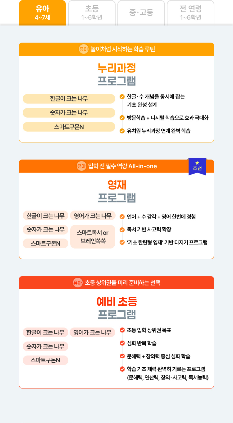 유아 : 누리과정 프로그램/영재 프로그램/초등 대비 프로그램