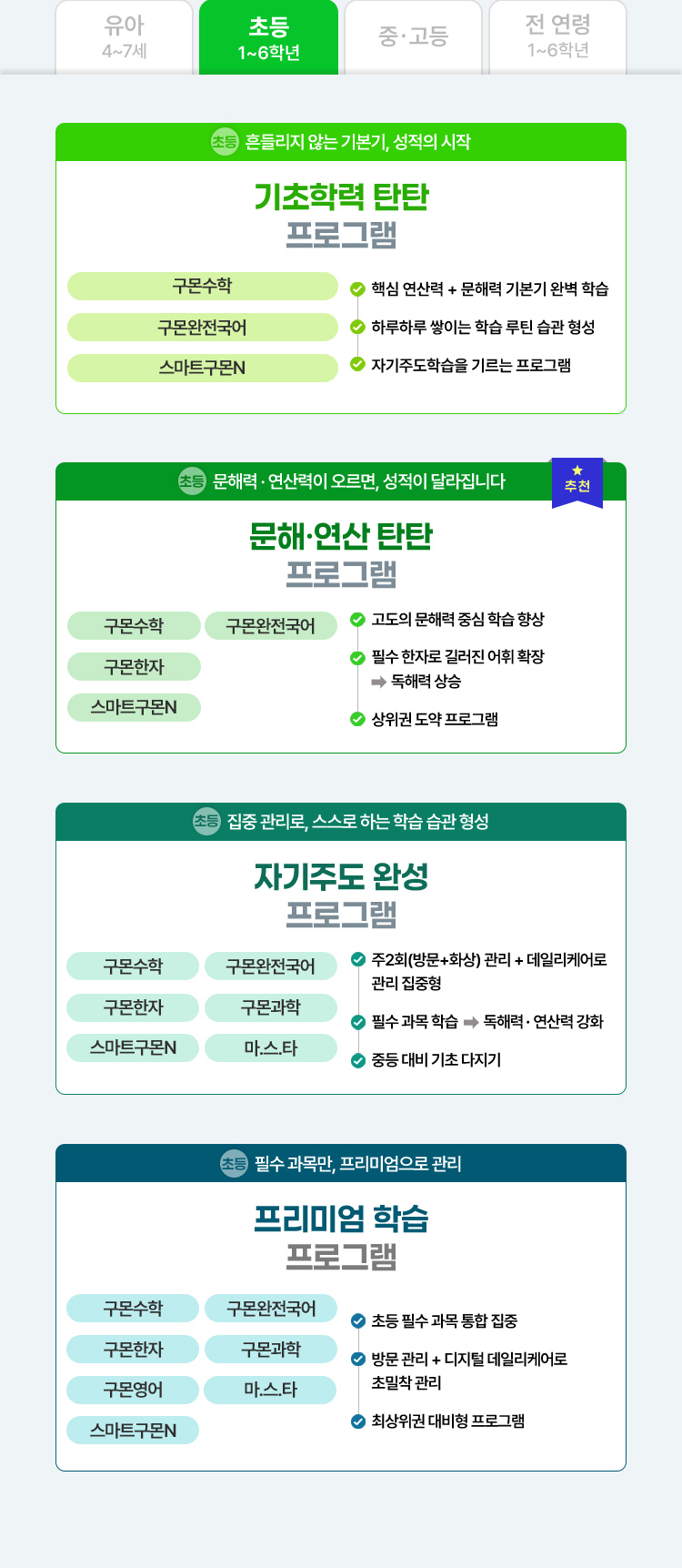 초등 1~6학년 : 기초학력 탄탄 프로그램/문해 연산 탄탄 프로그램/자기주도 학습 프로그램/프리미엄 학습 프로그램